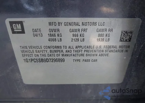 2013 Chevrolet Cruze 1Lt Auto from USA, damaged, VIN 1G1PC5SB9D7296899